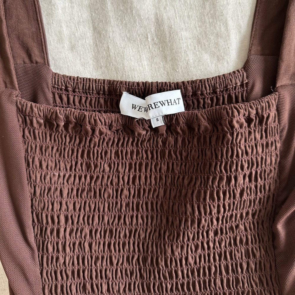 WeWoreWhat Smocked Drop Waist Midi Dress in Muted Eggplant - Picture 7 of 7